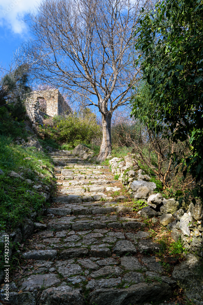 Stone stairs leading to old ruins, Mystras, Greece