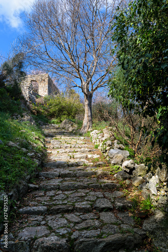 Konstfotografi Stone stairs leading to old ruins, Mystras, Greece