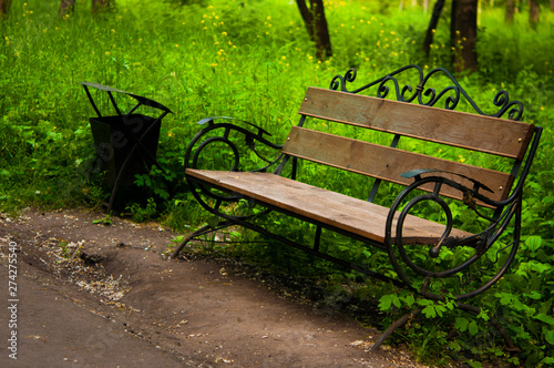 Empty wooden bench in the park beside the grass and path