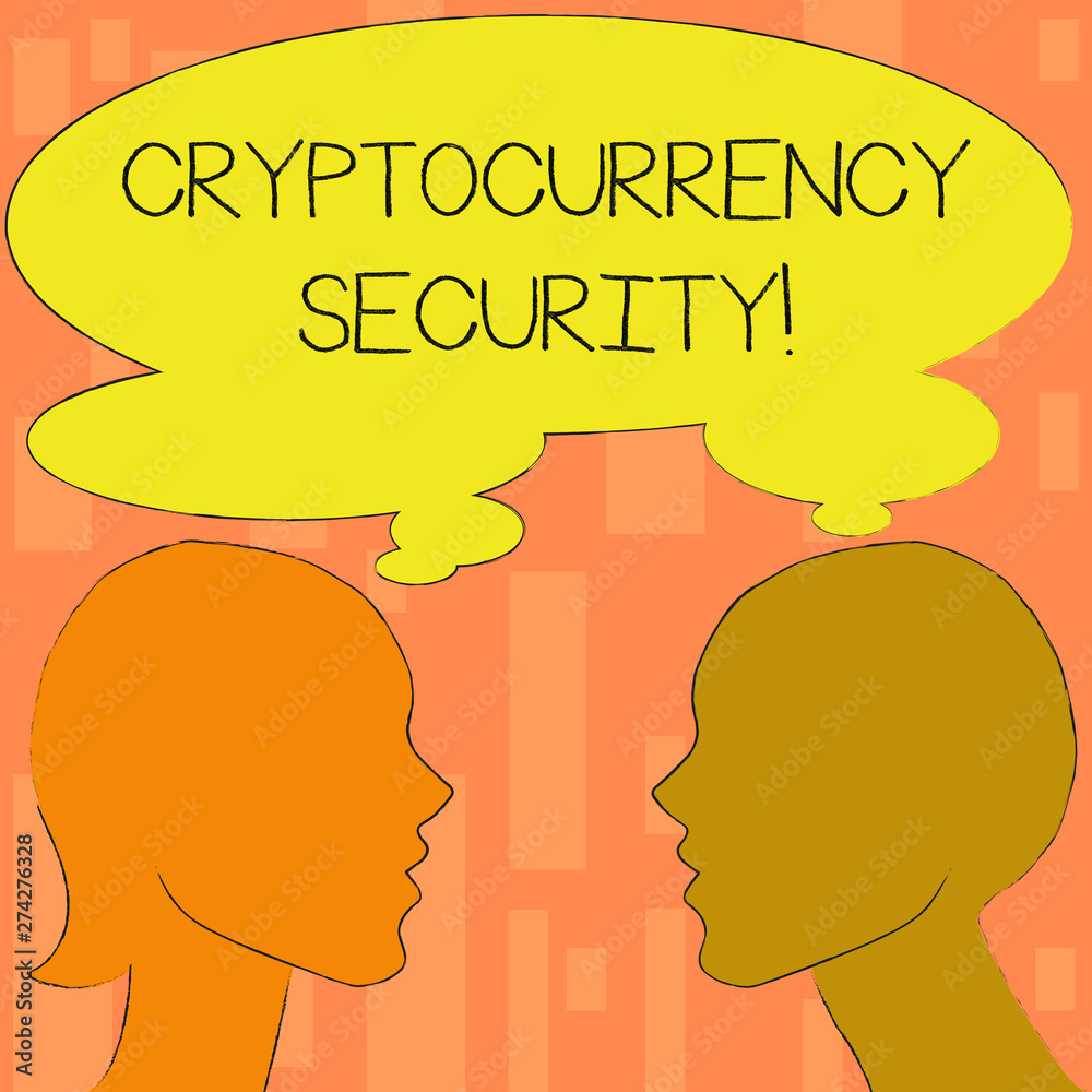 Word writing text Cryptocurrency Security. Business photo showcasing attempts obtain digital currencies by illegal means Silhouette Sideview Profile Image of Man and Woman with Shared Thought Bubble