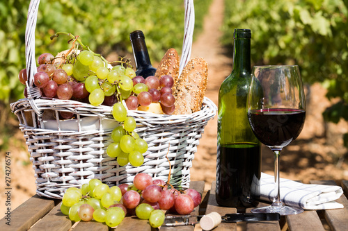 red wine ripe grapes and picnic basket on table in vineyard