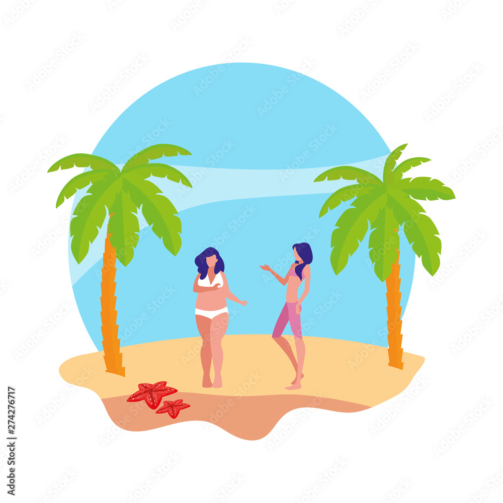young girls couple on the beach summer scene