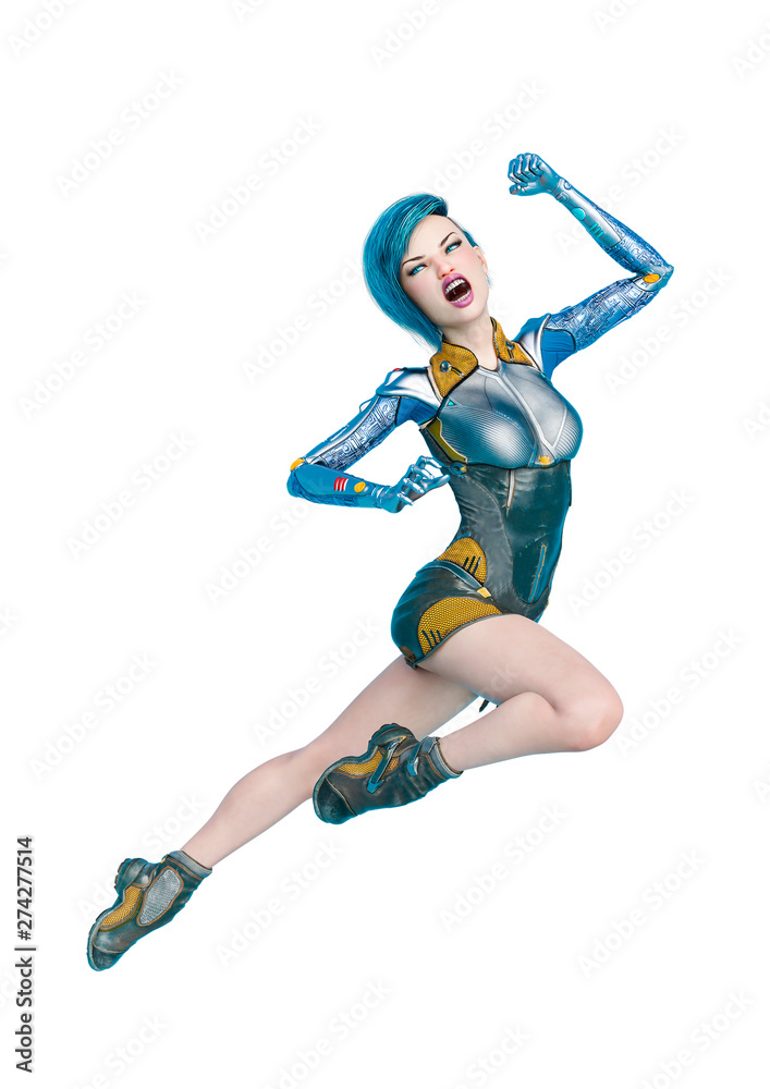 cyborg girl jumping with a mad scream in a white background cyborg girl jumping with a mad scream in a white background