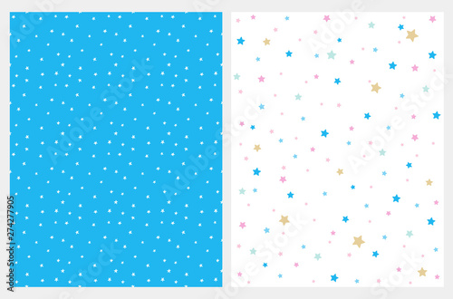 2 Cute Stars Vector Patterns. Irregular Hand Drawn Simple Starry Repeatable Design for Textile, Wrapping Paper, Card, Printing. Infantile Style Blue and White Sky. Confetti Rain of Star Shape. 