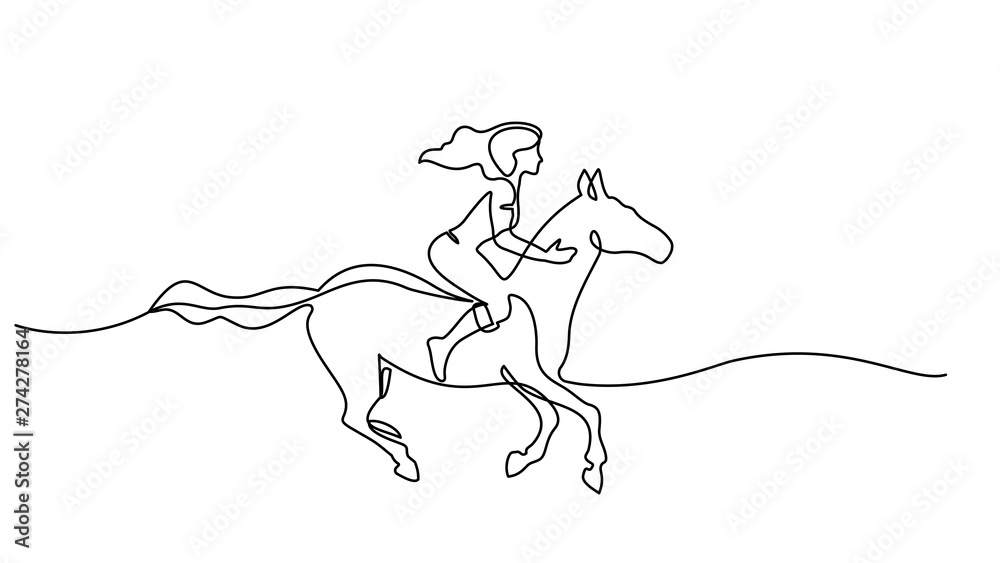Naklejka One line drawing. woman riding a horse