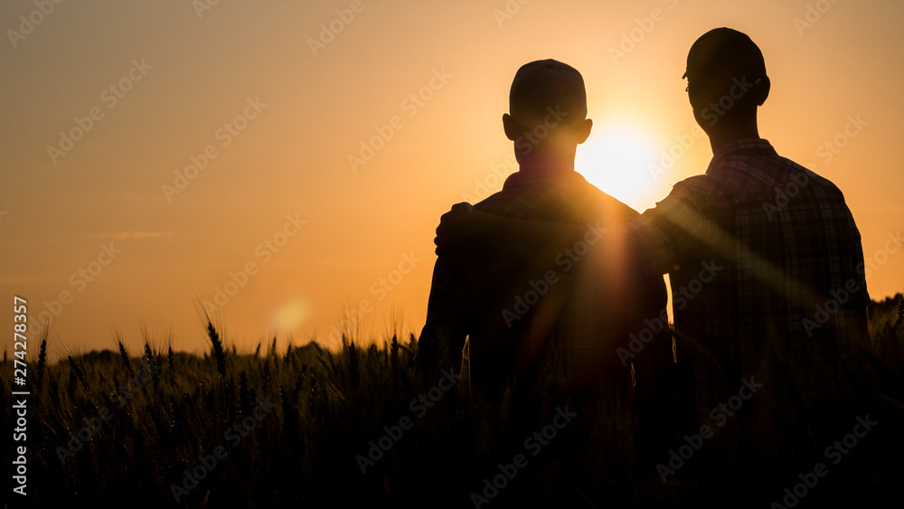 Two men gently hugging at sunset, rear view