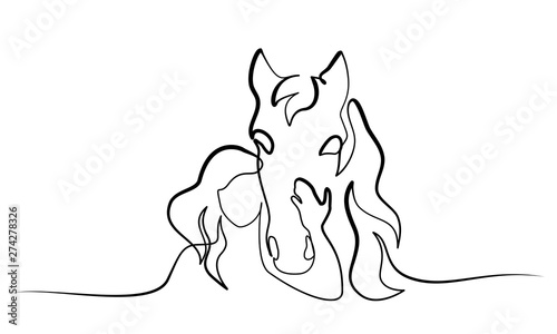 One line drawing. Horse and woman heads logo