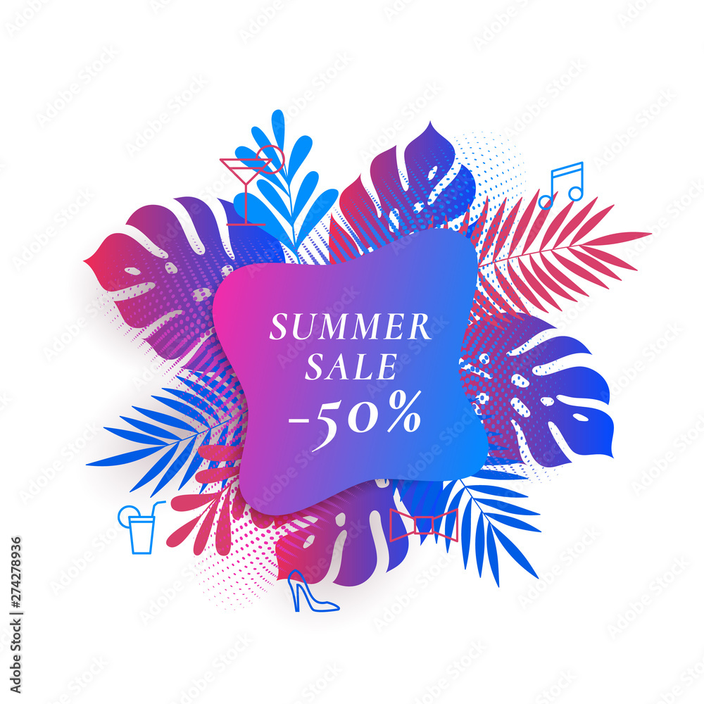 Tropical Palm Leaves Summer Sale Card or Banner Template. Abstract Gradient Foliage with Classic Typography. Vibrant Colors and Shapes Seasonal Advertising Layout.