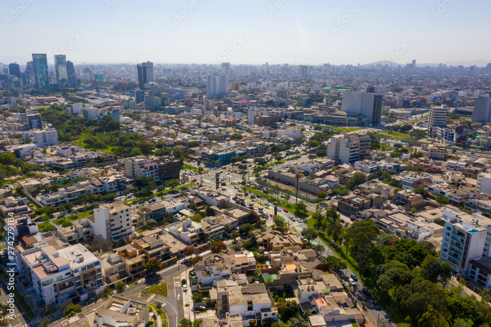 Panoramic aerial view of San Isidro district, in Lima, Peru.