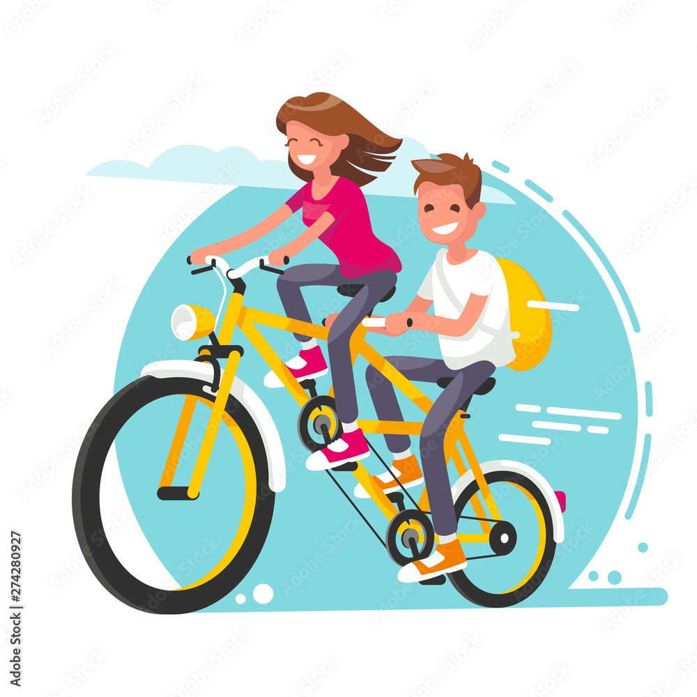 Fototapeta premium A young couple on an unusual tandem bicycle makes a tour of nature and life