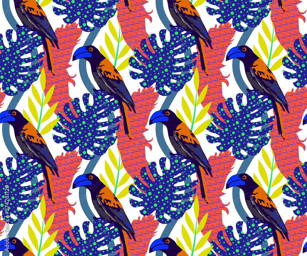 Tropical wildlife, bird seamless pattern. Hand Drawn jungle nature, flowers illustration. Print for textile, cloth, wallpaper, scrapbooking