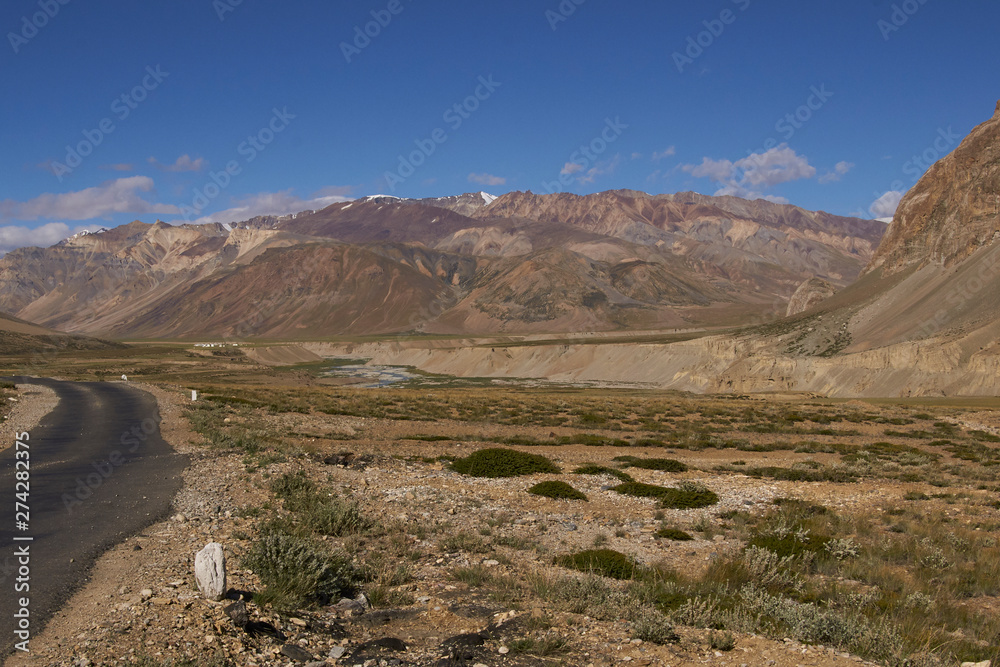 Arid mountain scenery along the route of the high altitude road between Manali and Leh in Ladakh, India