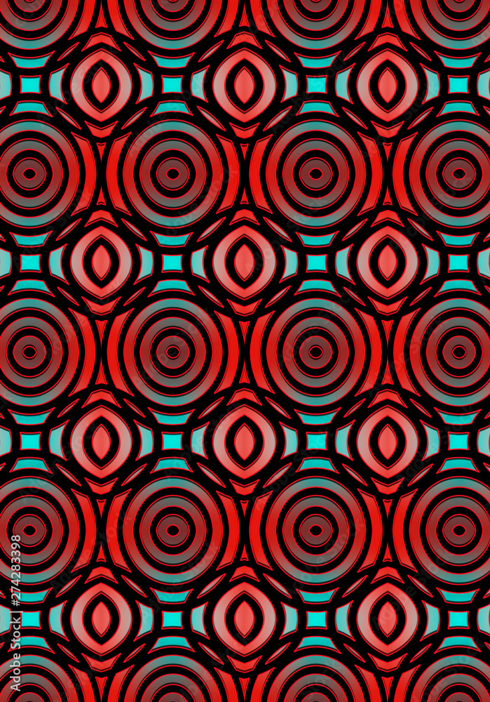 Monochrome seamless pattern assembled from intersecting black ovals with red edging, lying on convex light-turquoise and red highlights