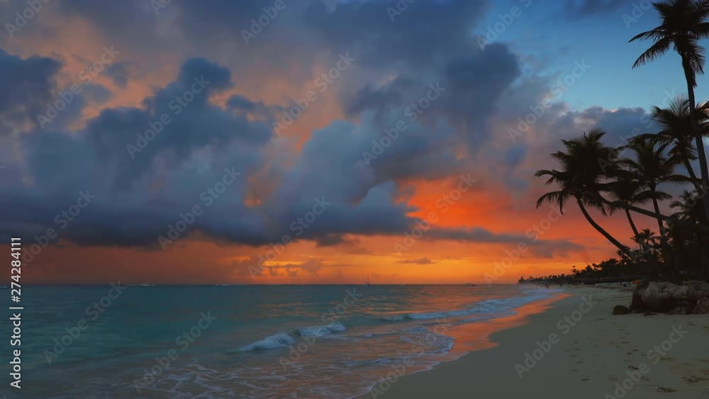 Paradise beach on tropical island. Sunrise over Punta Cana, Dominican Republic Paradise beach on tropical island. Sunrise over Punta Cana, Dominican Republic