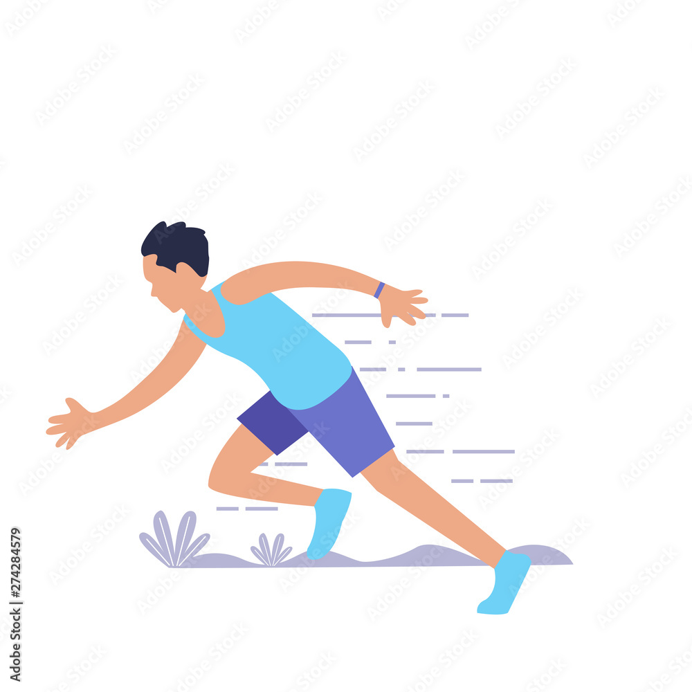 running People, man doing running workout . Healty life concept. People performing sports outdoor activities. Cartoon illustration