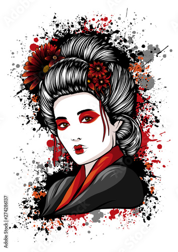 Beautiful Japanese Geisha Holds Red Fan Vector Illustration.