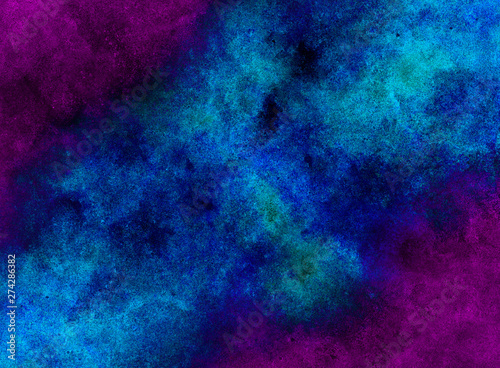 Aquarelle vivid ink textured blue, pink and purple color canvas for modern design. Smeared abstract cosmic bright vintage dark watercolour illustration. Neon watercolor on black paper background