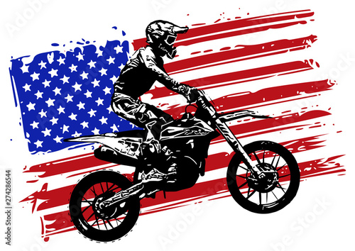 Hand drawn and inked American motocross motorcycle with american flag