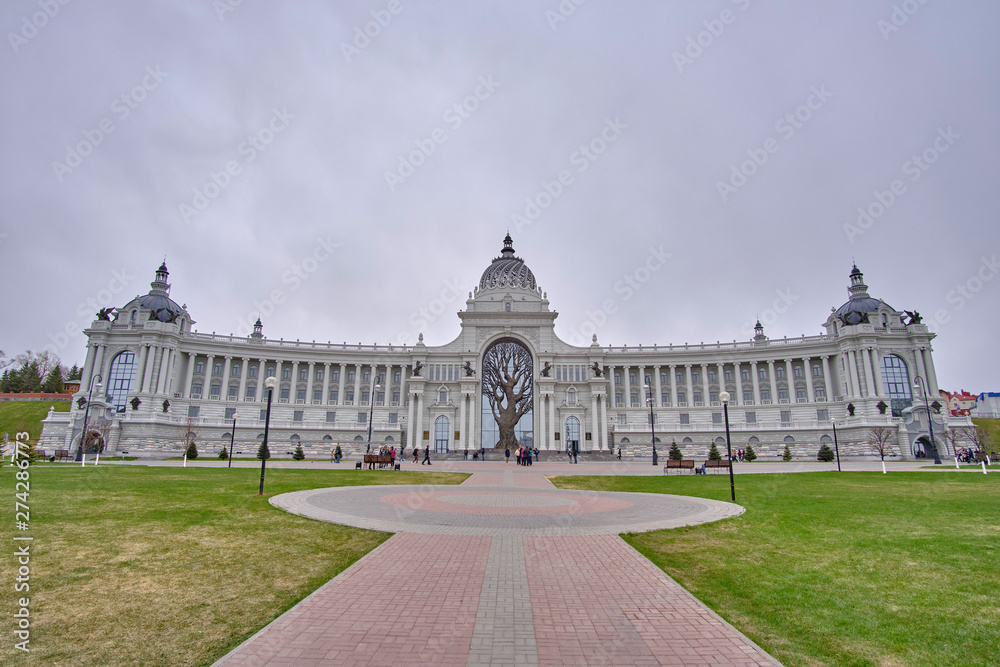 Scenic view of building of Ministry of agriculture near kremlin in historic center of old city Kazan in Russia. Beautiful cloudy summer look of official house in capital of Tatarstan republic