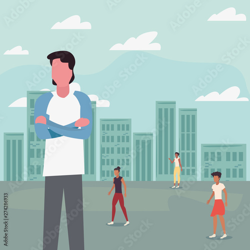 people standing in the city street