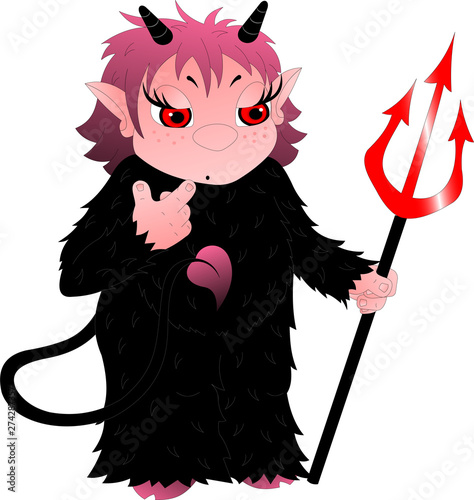 funny little devil with little horns holding a trident