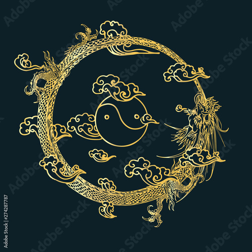 vector chinese dragon line drawing ideal for design mascot and tattoo and greeting card or T-shirt graphic.