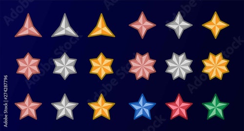set of copper,silver and gold color with multipoint star icon,vector and illustration