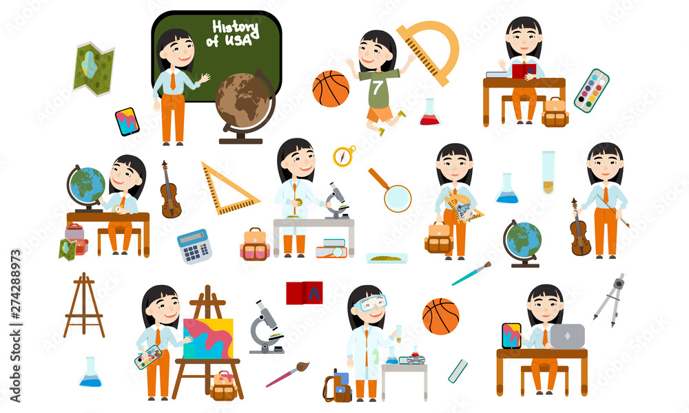 Set asian girl with pigtails at school. Student in different lessons: science, history, sports, art, maths, English, information technology, music. Conducting experiments. Cute Vector Illustration Set asian girl with pigtails at school. Student in different lessons: science, history, sports, art, maths, English, information technology, music. Conducting experiments. Cute Vector Illustration