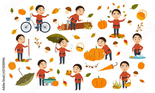 A curly boy in an autumn jacket plays with leaves, launches a paper boat, rides a bicycle, carries pumpkins and has fun in the fall. Cute Vector Illustration