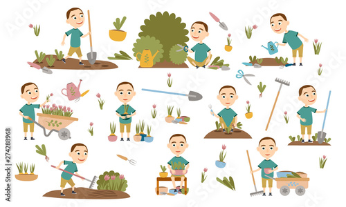 Set a boy with a short haircut gardening plants, weed beds, watering seedlings, pruning bushes and trees. People and garden tools. Vector illustration © AnnstasAg