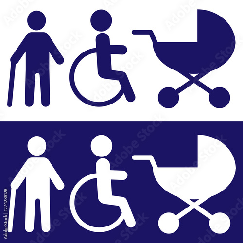 Blue stikers and white stickers this a person in a wheelchair, man with a disability and elderly on crutches, baby stroller, vector icons.