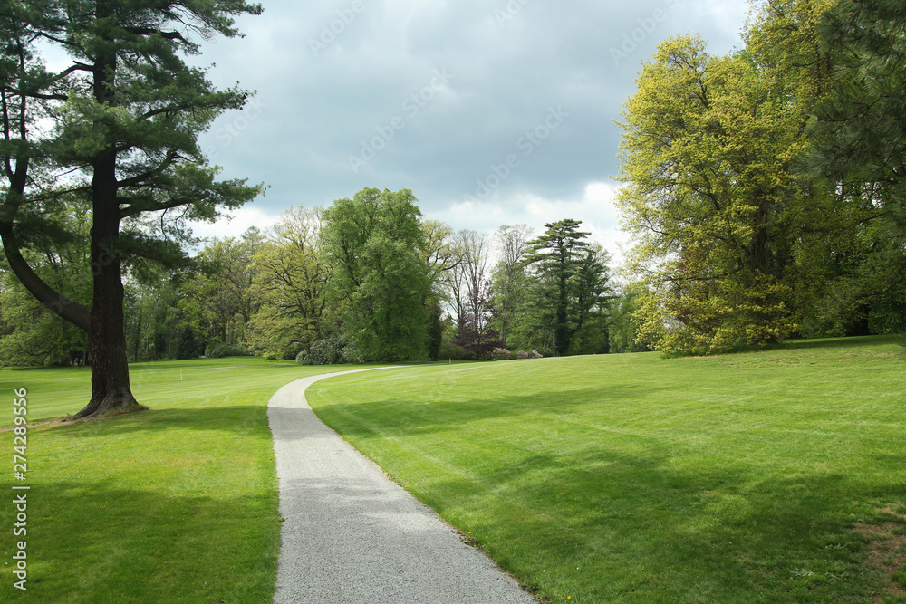 Stone pathway in a garden park, spring season