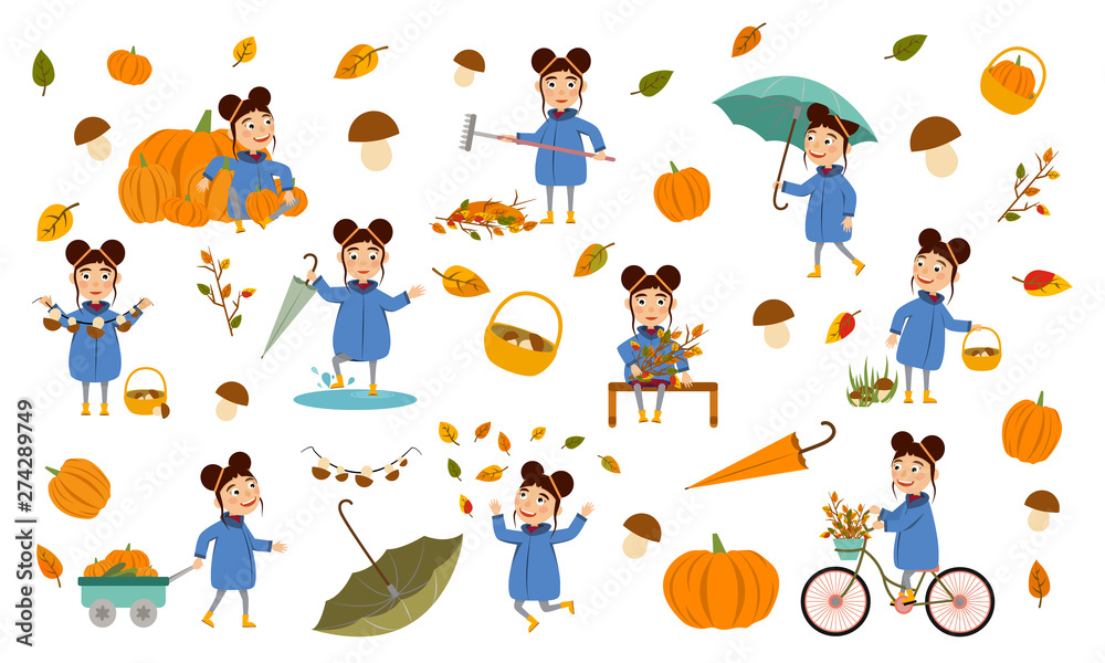 Fototapeta premium Set of girl with hair bundles in an autumn jacket plays with leaves, launches a paper boat, rides a bicycle, carries pumpkins and has fun in the fall. Cute Vector Illustration