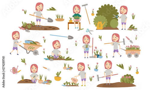 Set fashionable girl with pink hair gardening plants, weed beds, watering seedlings, pruning bushes and trees, working in the garden. People and garden tools. Vector illustration