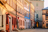 Slanted colorful houses in the old town in Lublin, Poland