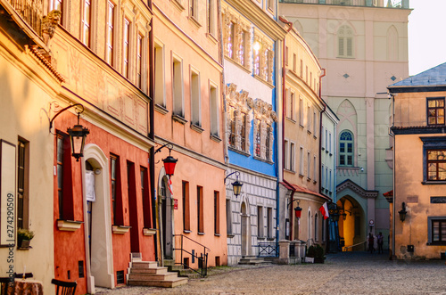 Slanted colorful houses in the old town in Lublin, Poland