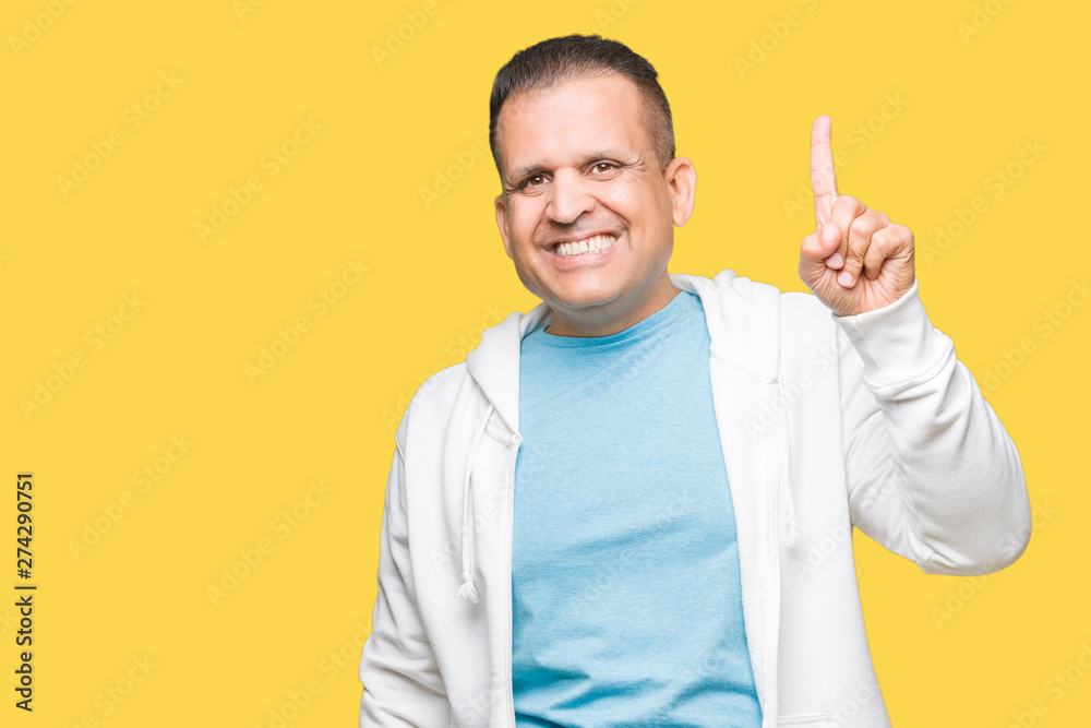 Middle age arab man wearing sweatshirt over isolated background showing and pointing up with finger number one while smiling confident and happy.