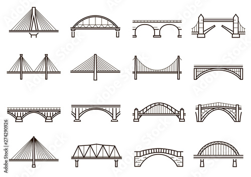 Bridges line icon set, city architecture construction