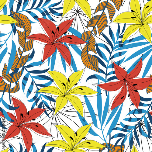 Summer trend seamless background with bright tropical leaves and flowers on white background. Vector design. Jungle print. Floral background. Printing and textiles. Exotic tropics. Summer design.