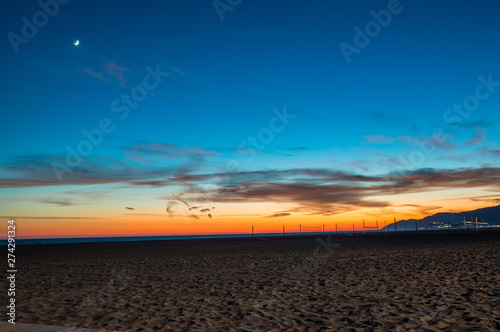Castelldefels beach on sunrise in Barcelona, Catalonia, Spain.