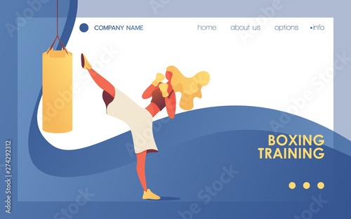 Vector banner with young sport girl kick punching bag. Blue landing page template for gym or boxing school classes