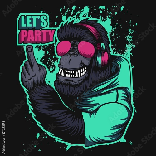 gorilla headphone party vector illustration