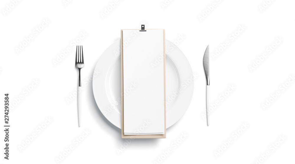 Blank white cafe menu mock up on plate with cutlery, top view, isolated, 3d rendering. Clear flyer on wood with food for lunch or breakfast mock up. Empty wine map on wooden pad template. Blank white cafe menu mock up on plate with cutlery, top view, isolated, 3d rendering. Clear flyer on wood with food for lunch or breakfast mock up. Empty wine map on wooden pad template.