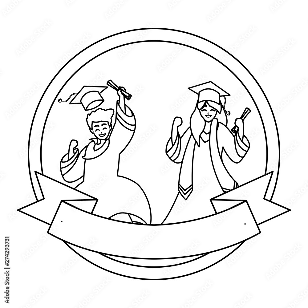 young couple students graduated celebrating in circular frame