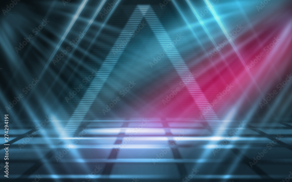 Empty background scene. Dark street reflection on wet asphalt. Rays of neon light in the dark, neon figures, smoke. Background of empty stage show. Abstract dark background.