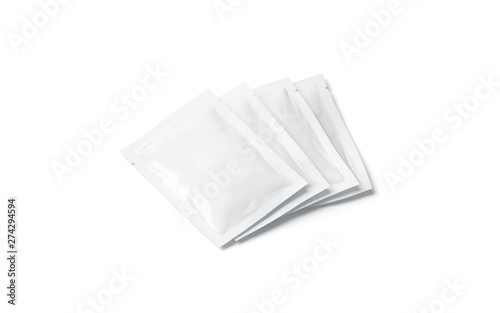 Fotografie Blank white sachet packets stack mock up, isolated, side view, 3d rendering