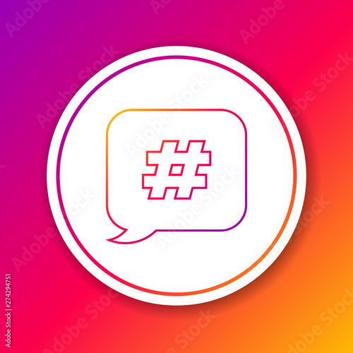 Color line Hashtag speech bubble icon isolated on color background. Concept of number sign, social media marketing, micro blogging. Circle white button. Vector Illustration