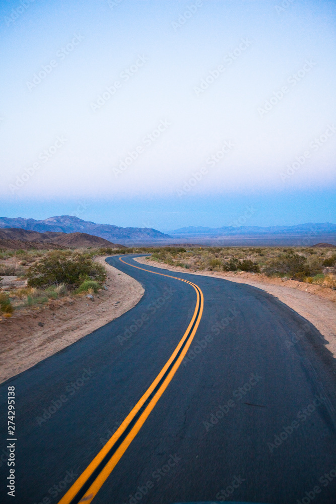 A road through Pinto Basin in Joshua Tree National Park, California. A road through Pinto Basin in Joshua Tree National Park, California.