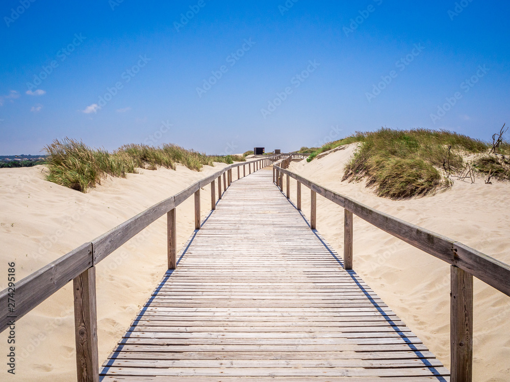 Wooden walkway over the sand dunes to the beach