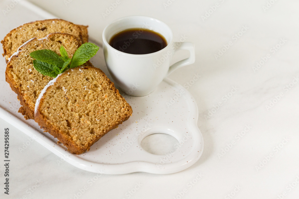 Mediterranean breakfast with carrot cake, cherry and coffee. Mediterranean breakfast with carrot cake, cherry and coffee.